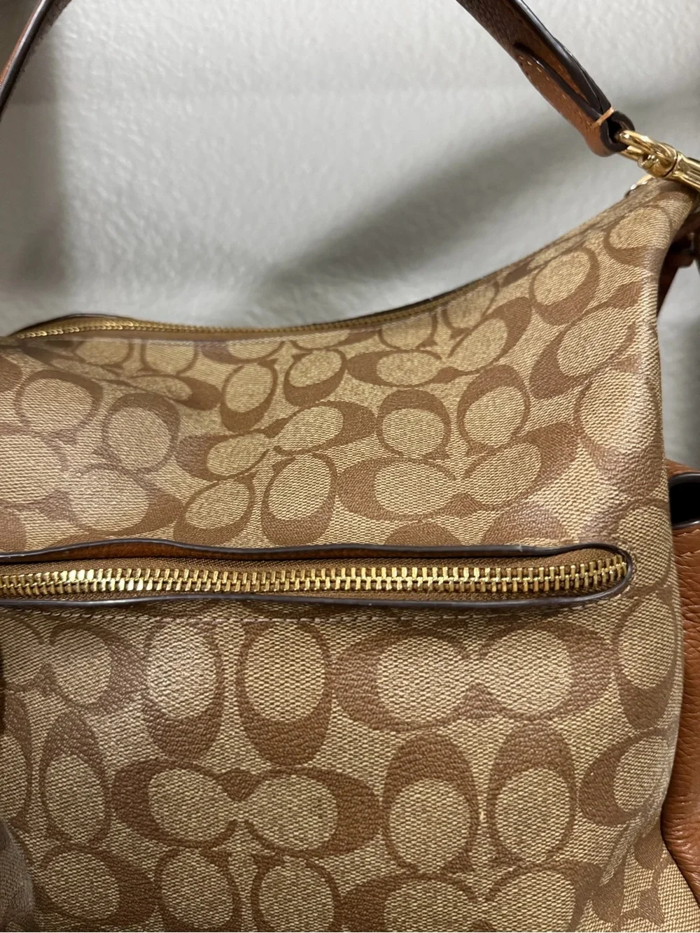 Coach Signature Canvas Shoulder Bag in Tan and Brown with Gold Hardware